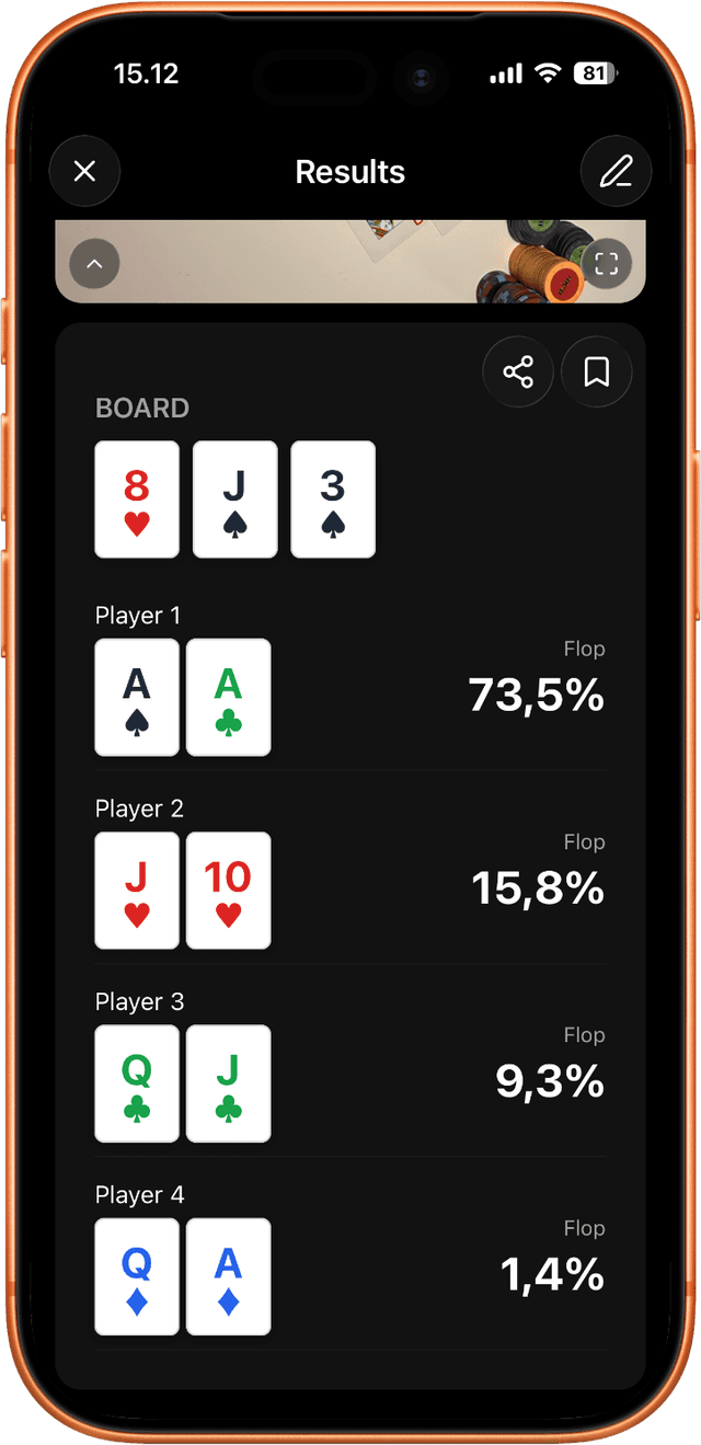 Poker odds calculator showing Texas Hold'em and Omaha win percentages for each player