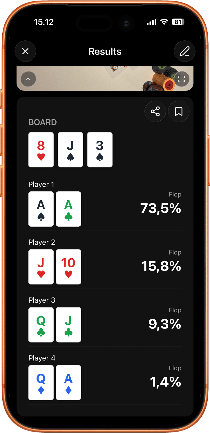 Poker odds calculator showing Texas Hold'em and Omaha win percentages for each player