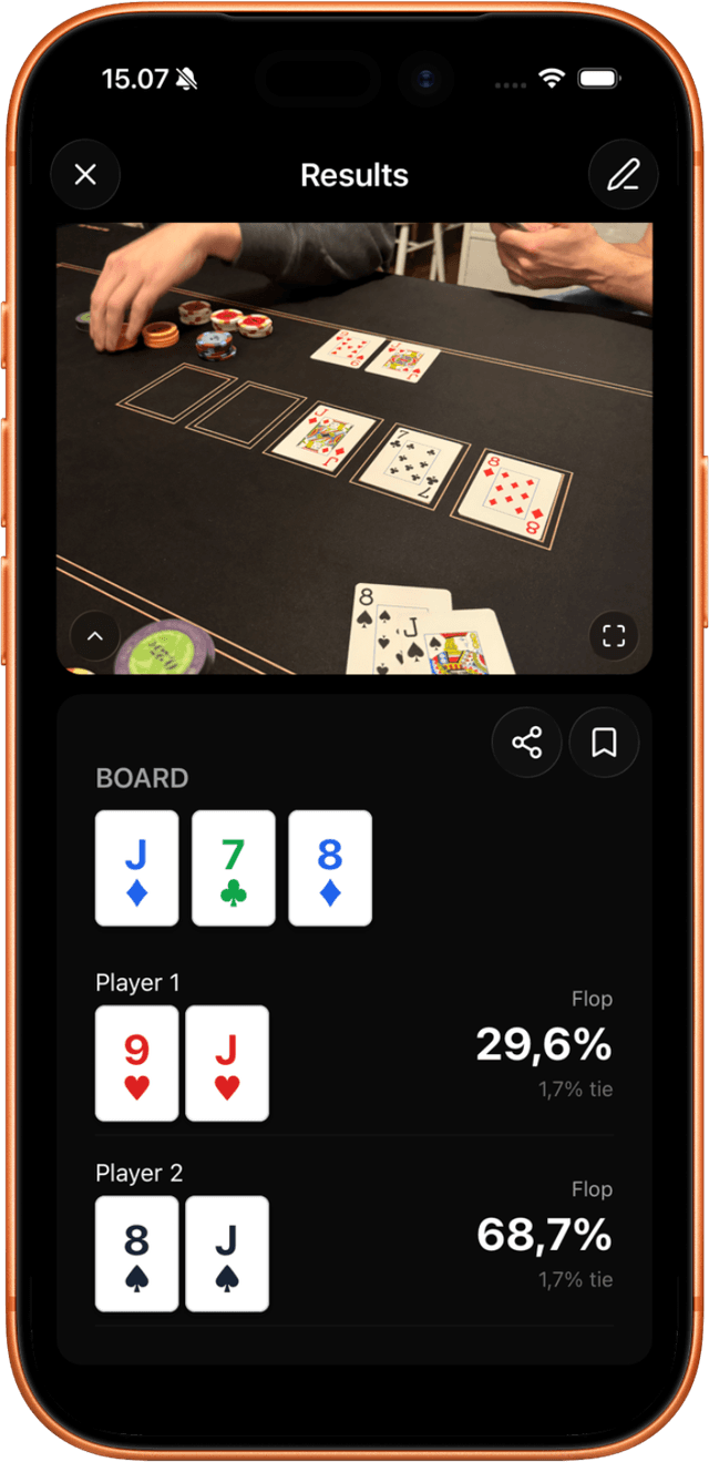 Handsight poker hand scanner detecting playing cards on a poker table using AI